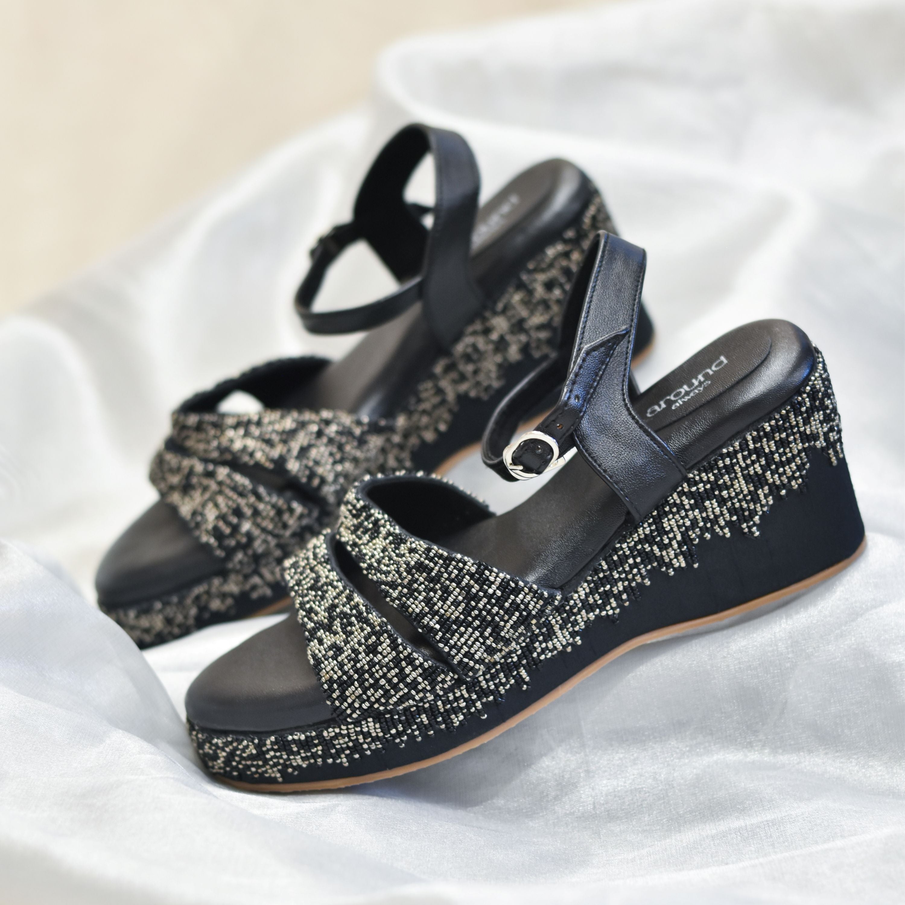 Black wedge sandal for afterparty sandals with embellished straps