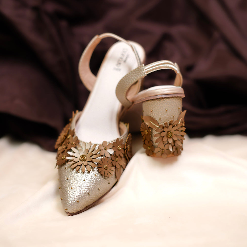 Gold and bronze floral mules with back strap
