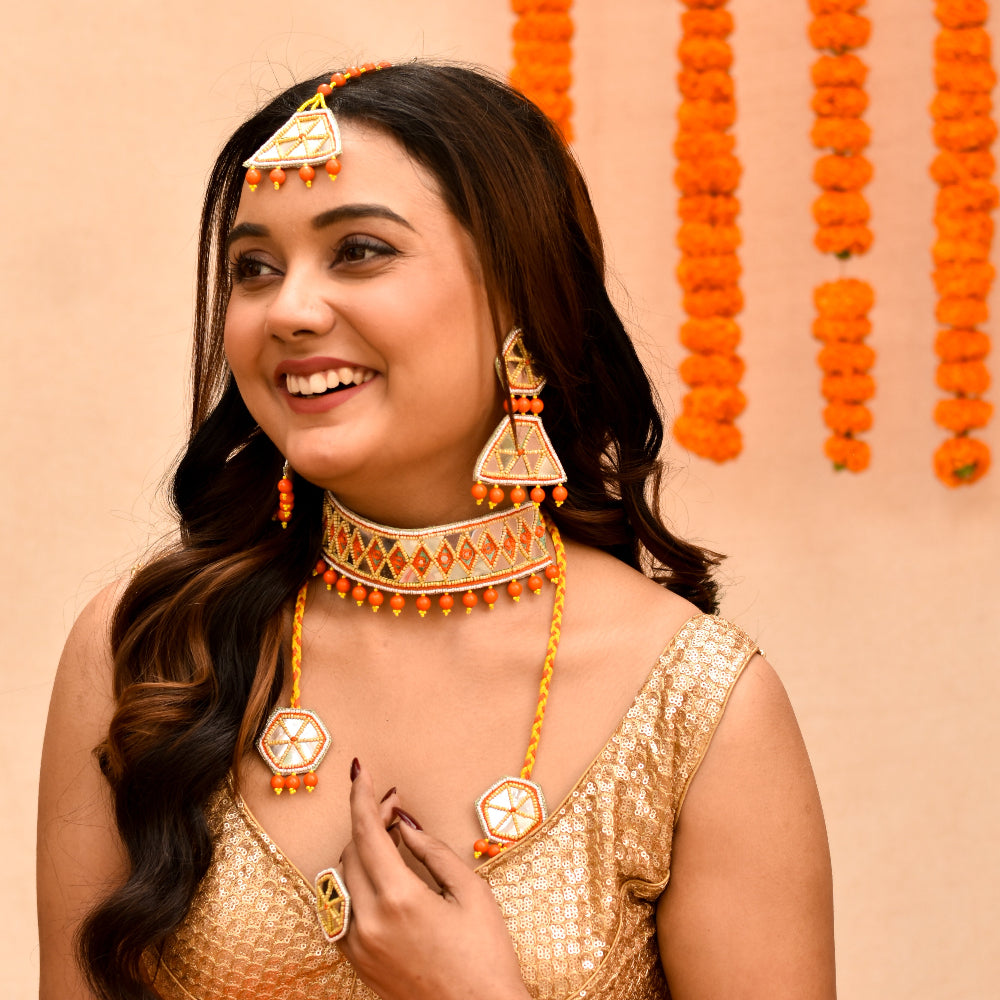 Mirror work yellow and orange imitation jewellery set for haldi function