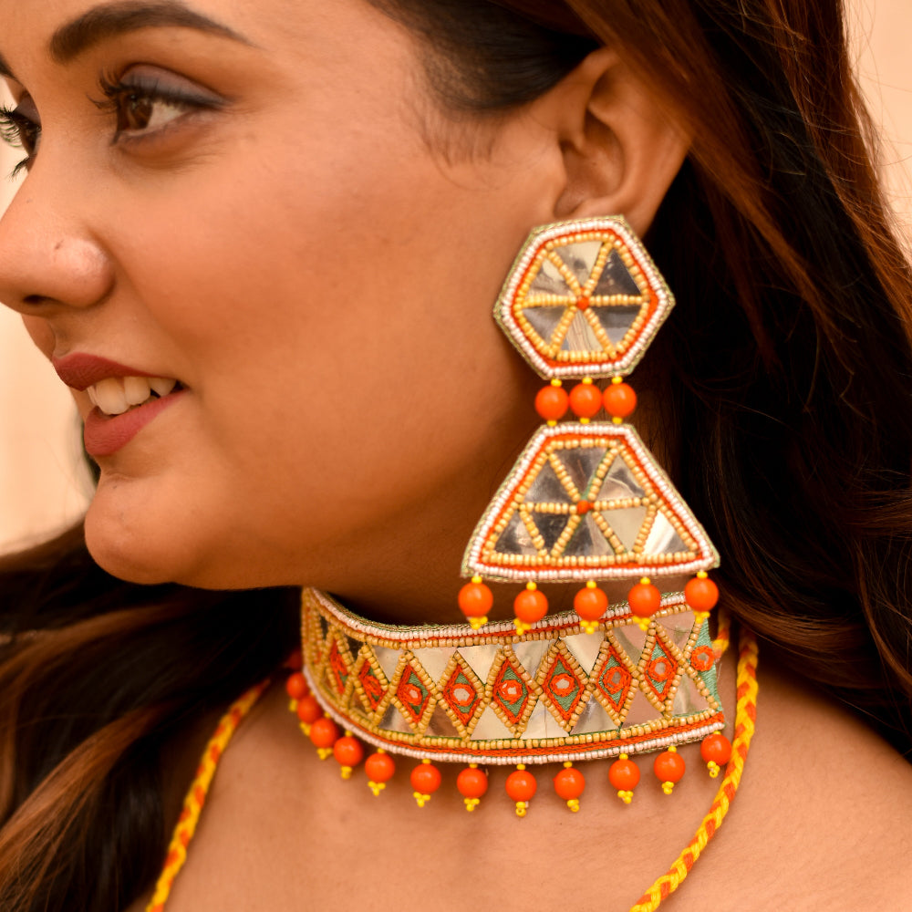Indian bride looking radiant in handmade geometric jewellery set