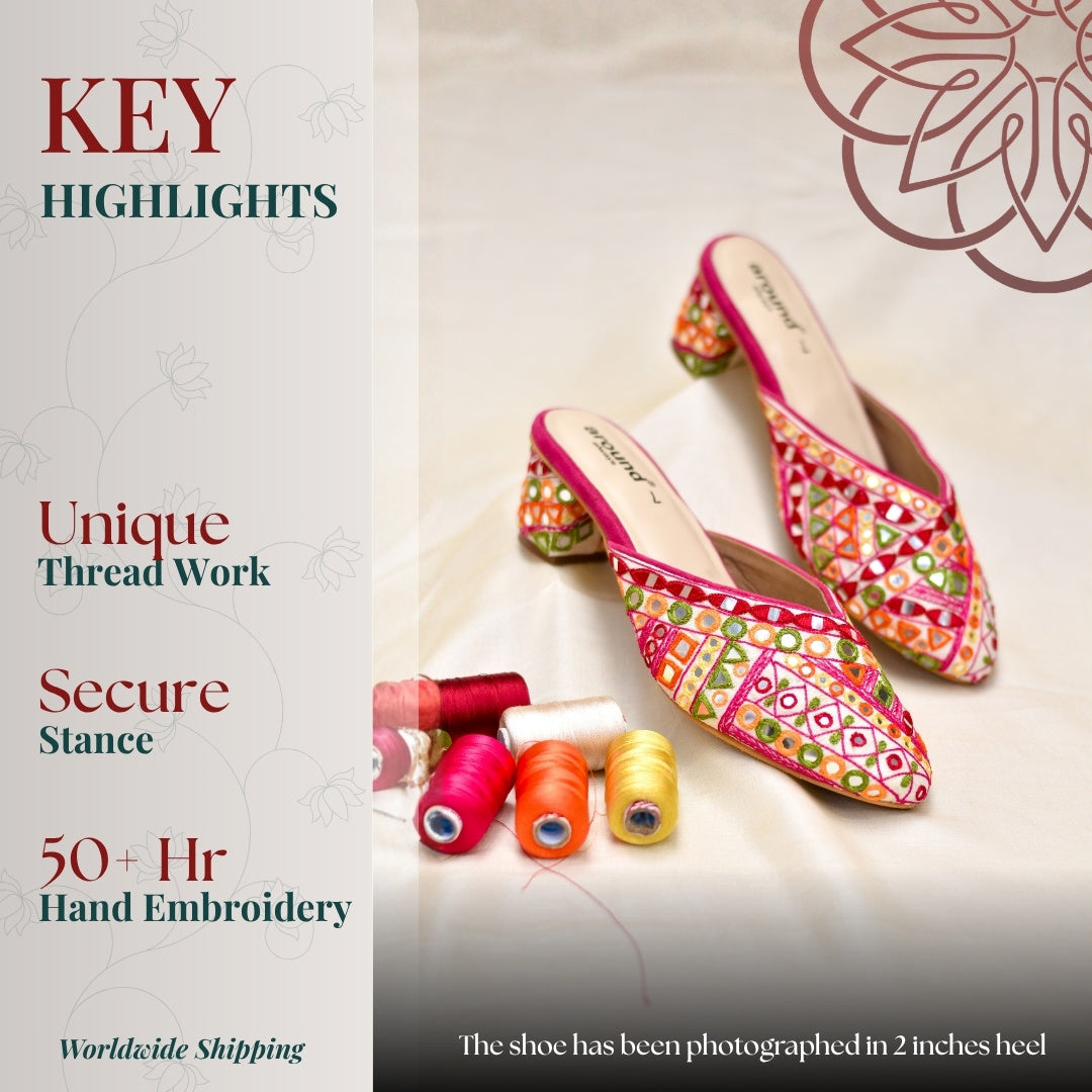Mirror work embroidered mule heels with intricate multicolor threadwork design