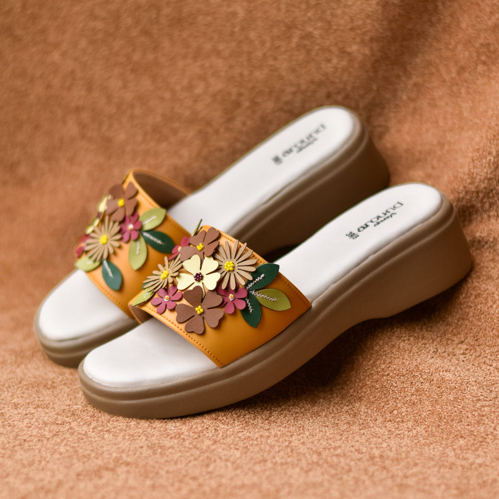 Floral appliqué slide sandals with lightweight platform and soft cushioned footbed