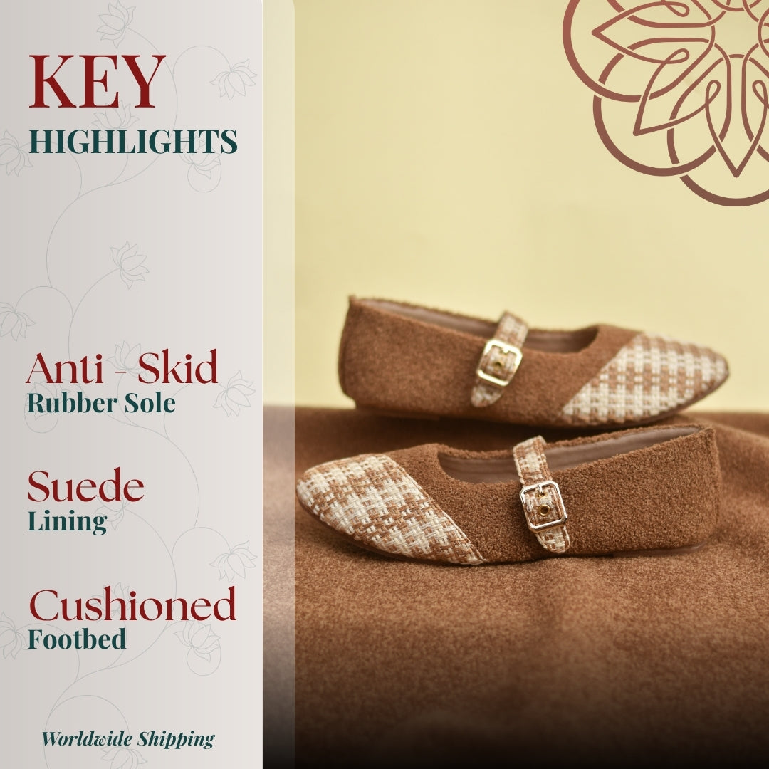 Rustic brown textured bellies with woven front panel, secure buckle strap for all day comfort