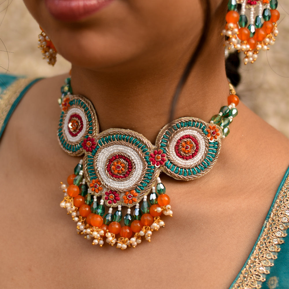 Handcrafted necklace with colourful thread and zardozi styled for haldi ceremony