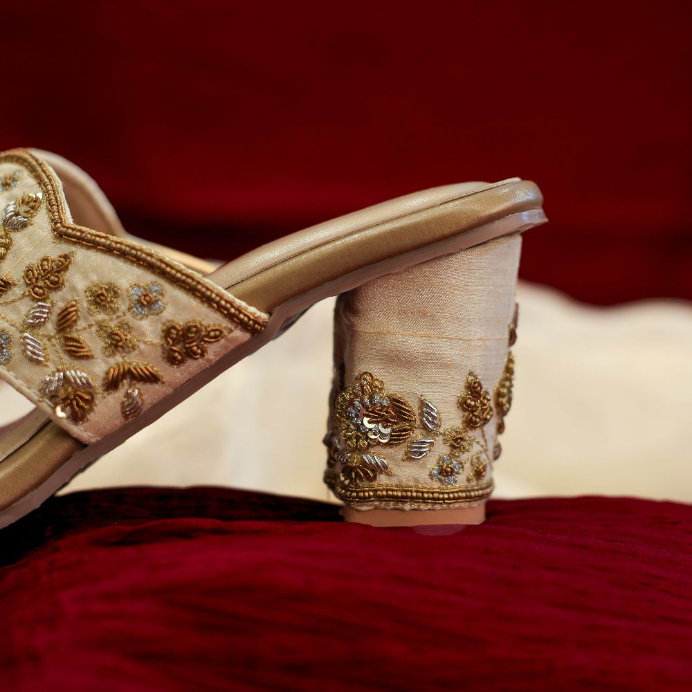 Ivory embroidered block heel mule for weddings
