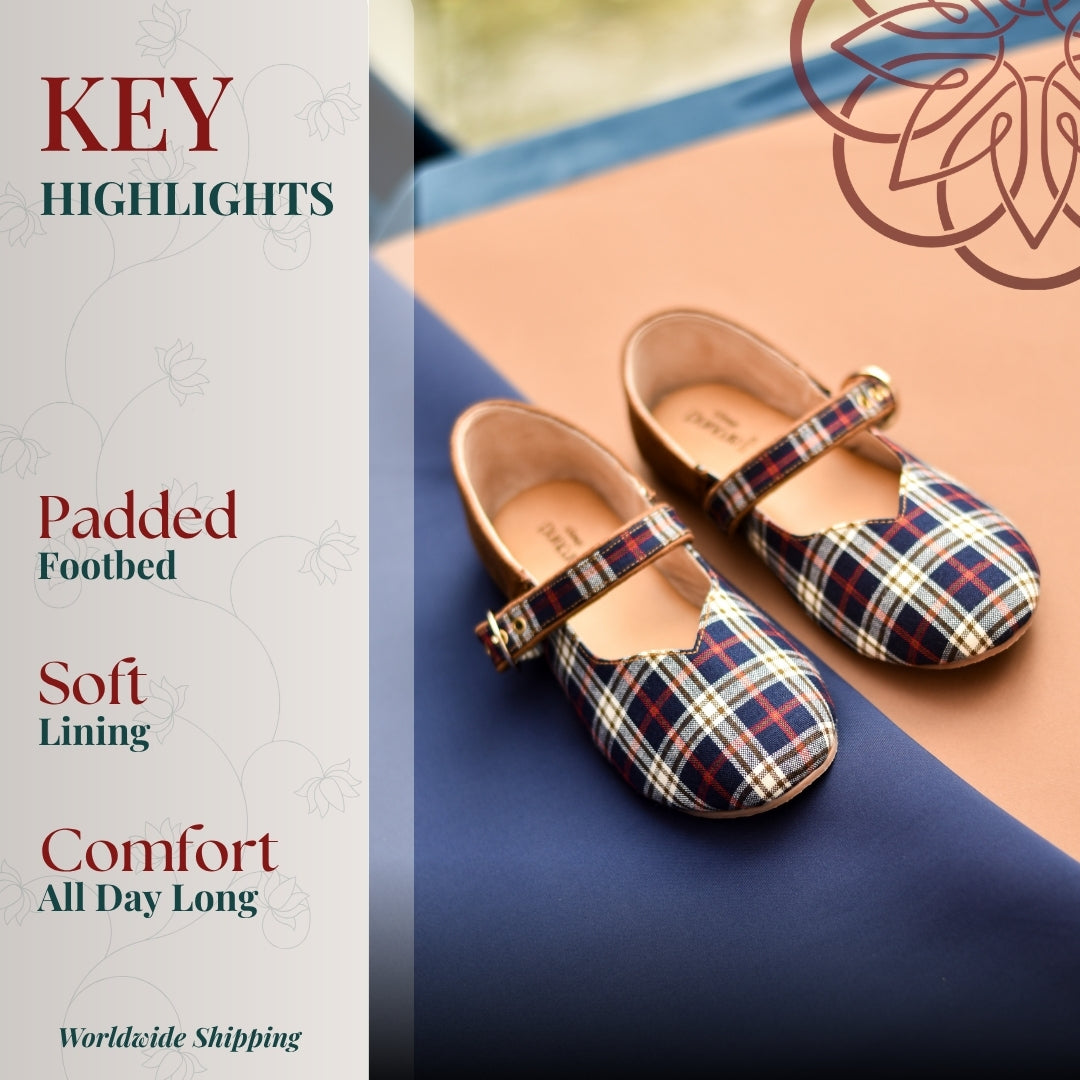 Classic plaid Mary Jane flats with rounded toe and buckle strap