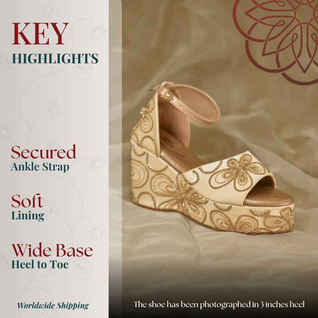 Ethnic inspired wedge sandals with subtle shimmer embroidery and secure fit