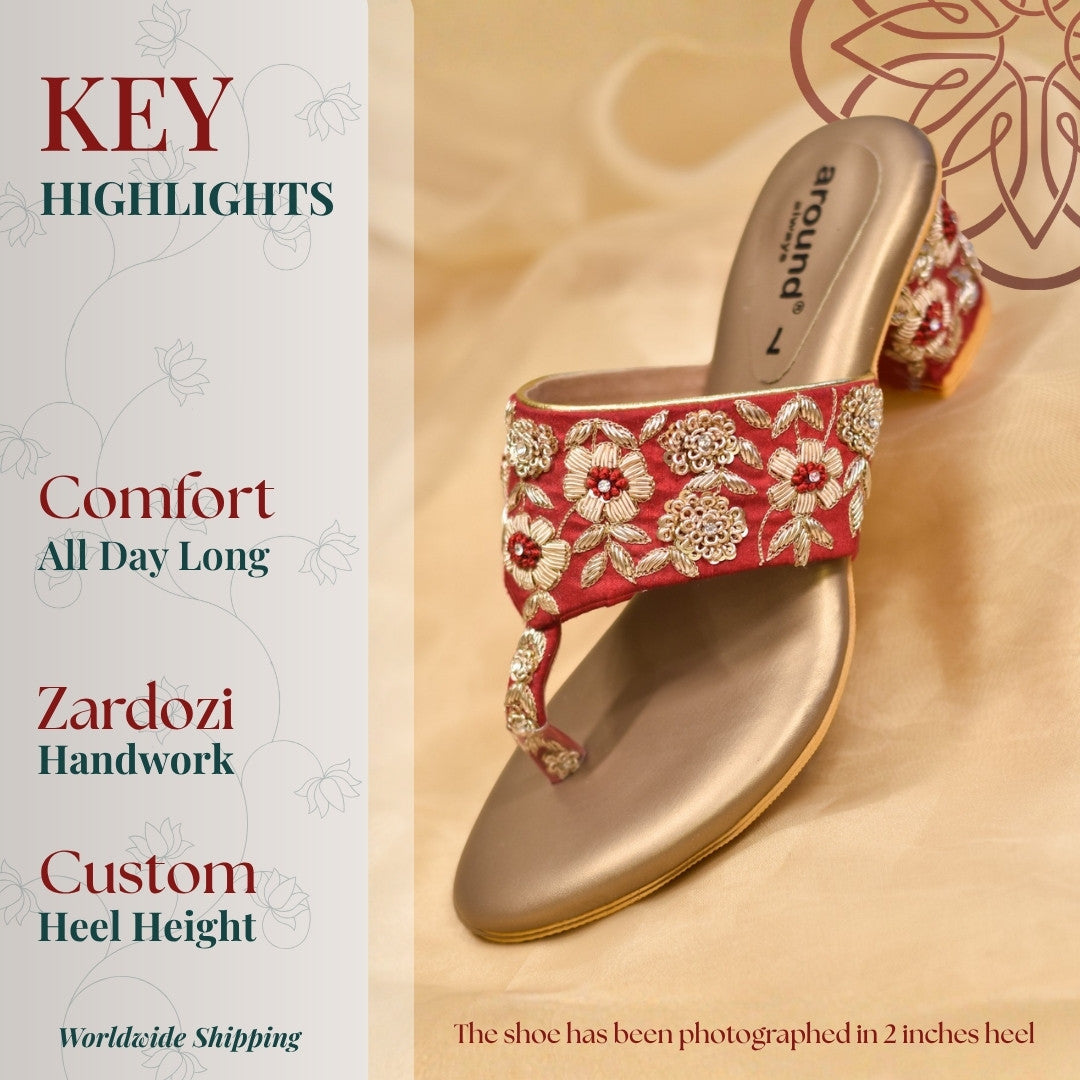 Red kolhapuri heels with zardozi embroidery and custom heel height