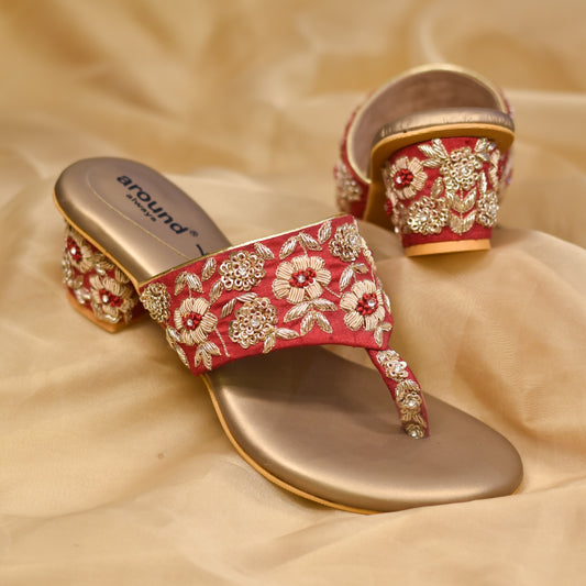 Embroidered and embellished block heel bridal kolhapuris
