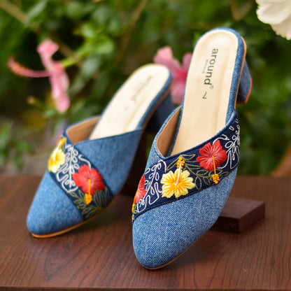 Denim mules with heels for women