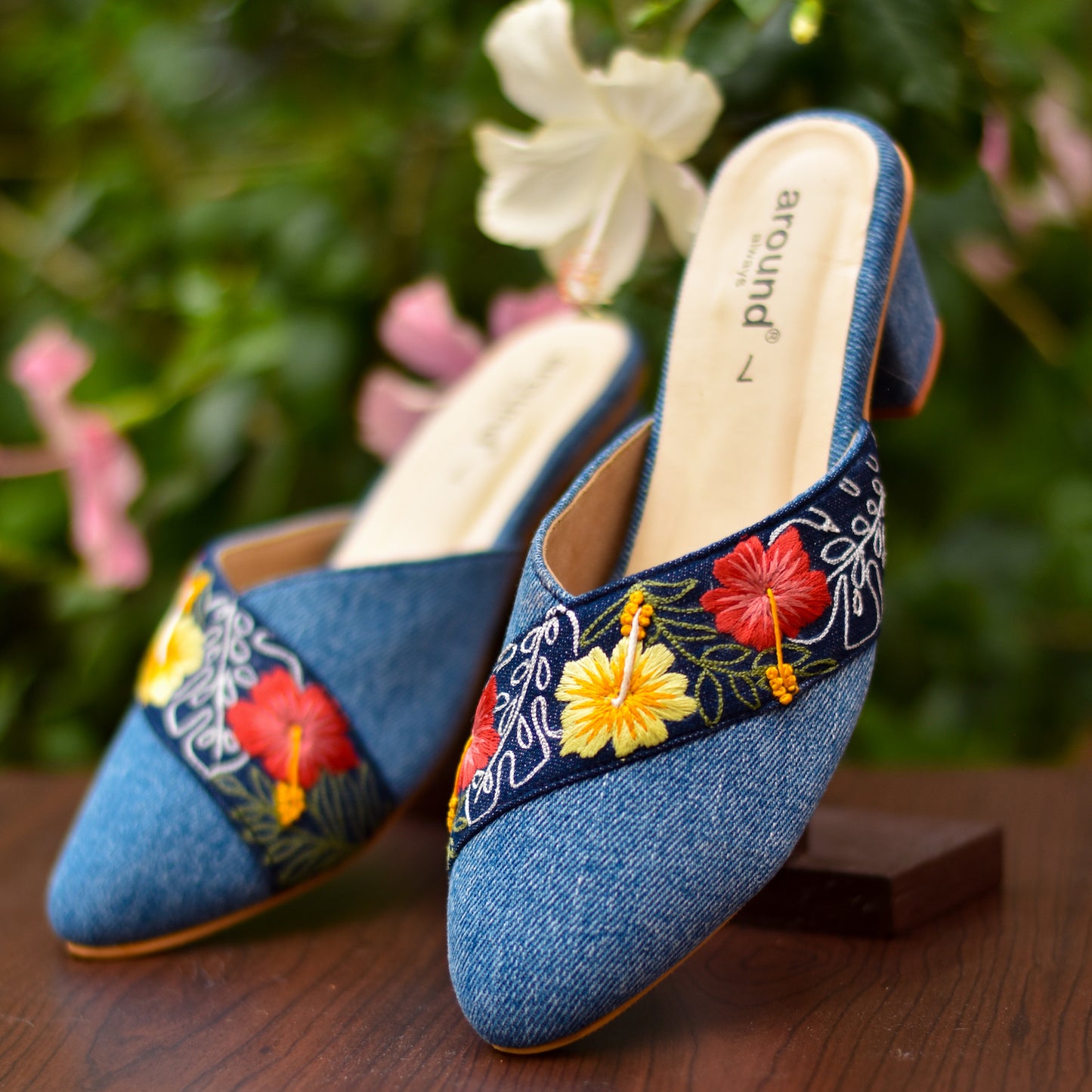 Floral denim mules for women's casual wear