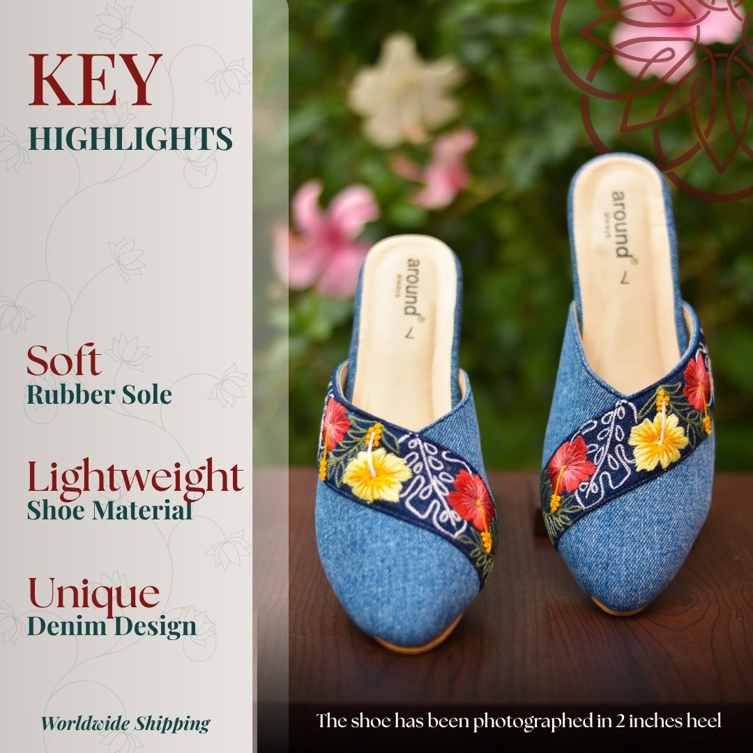 casual sliders with yellow and red flower detailing on blue base