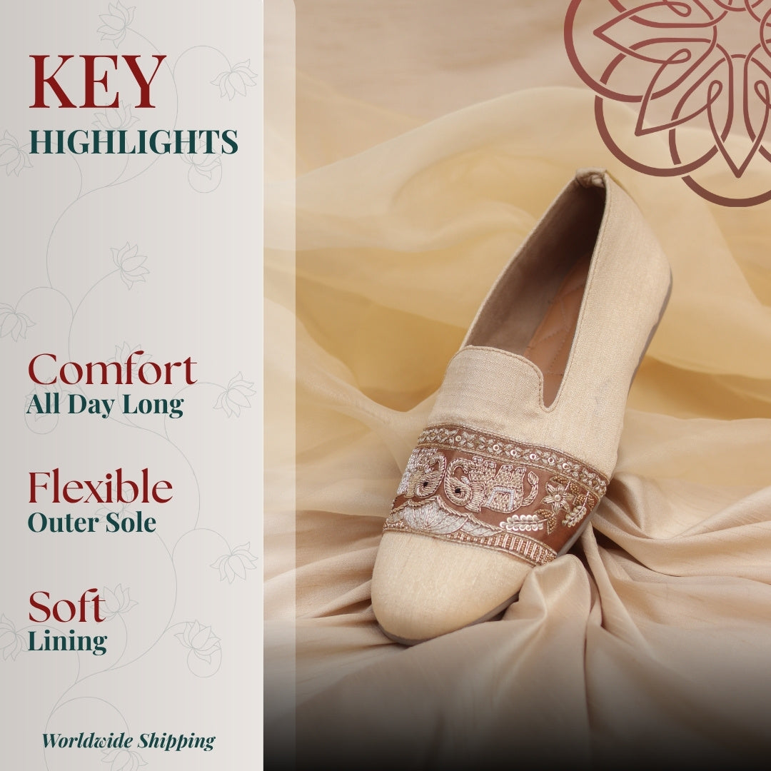 Ivory embroidered traditional loafere flats with detailed elephant ethnic pattern