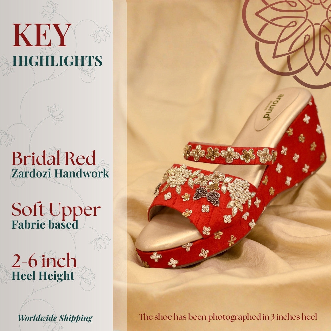 Red Indian bridal heels with custom heel height and zardozi embroidery 