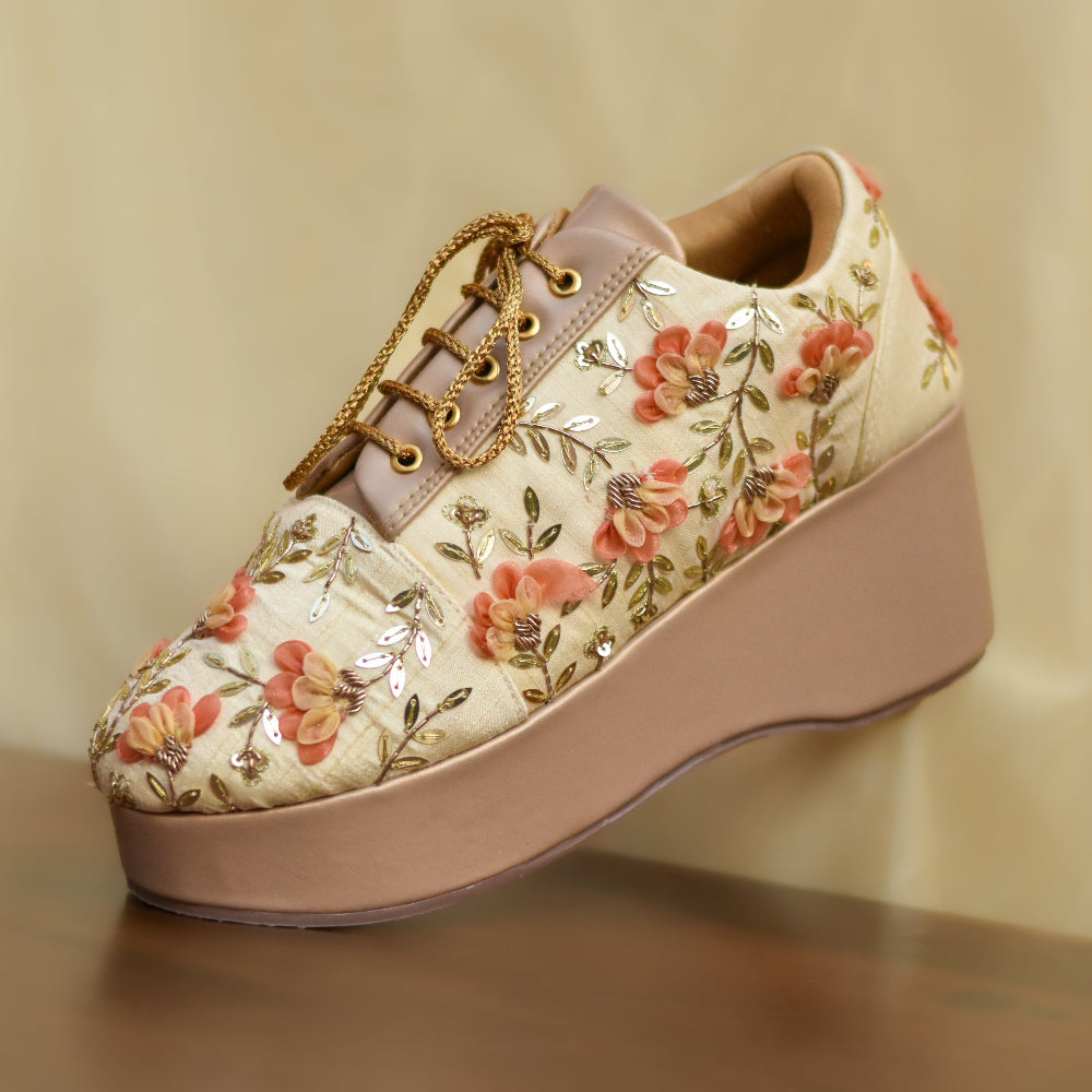 Sneakers with coral 3D floral work and gold lace detail