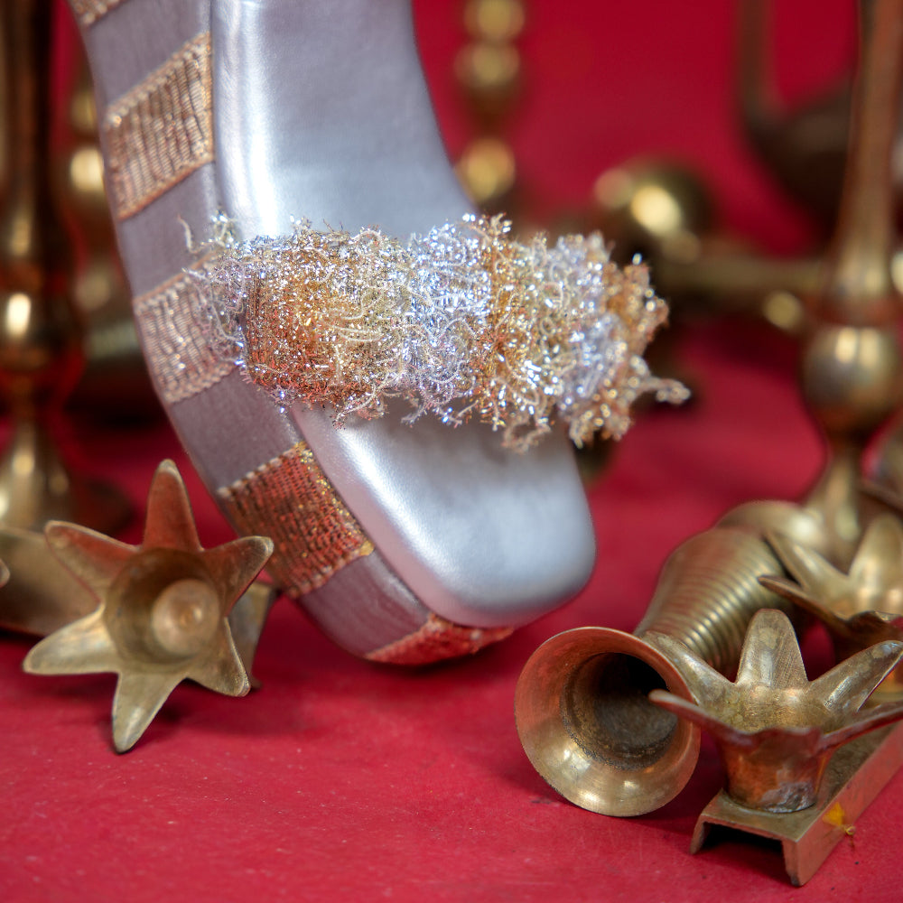 Metallic silver wedge sandal with gold and silver panelled platform
