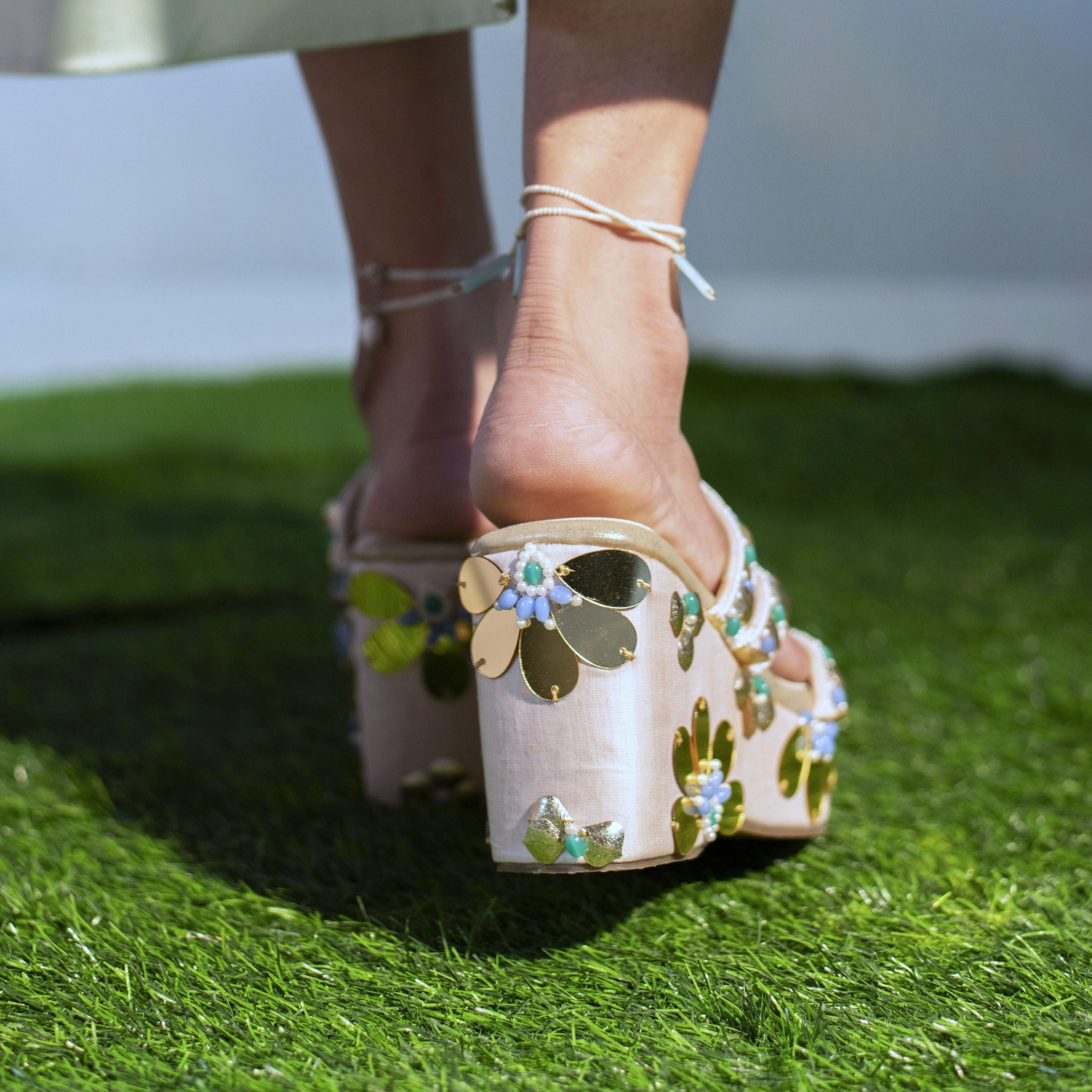 Platform wedges with 3D flowers and multi-strap design