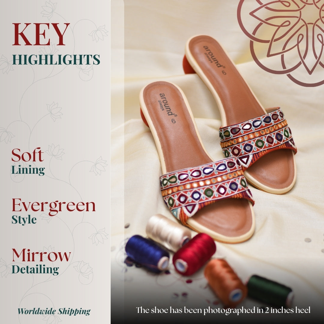 Multicolor mirror embroidered sandals with low heel