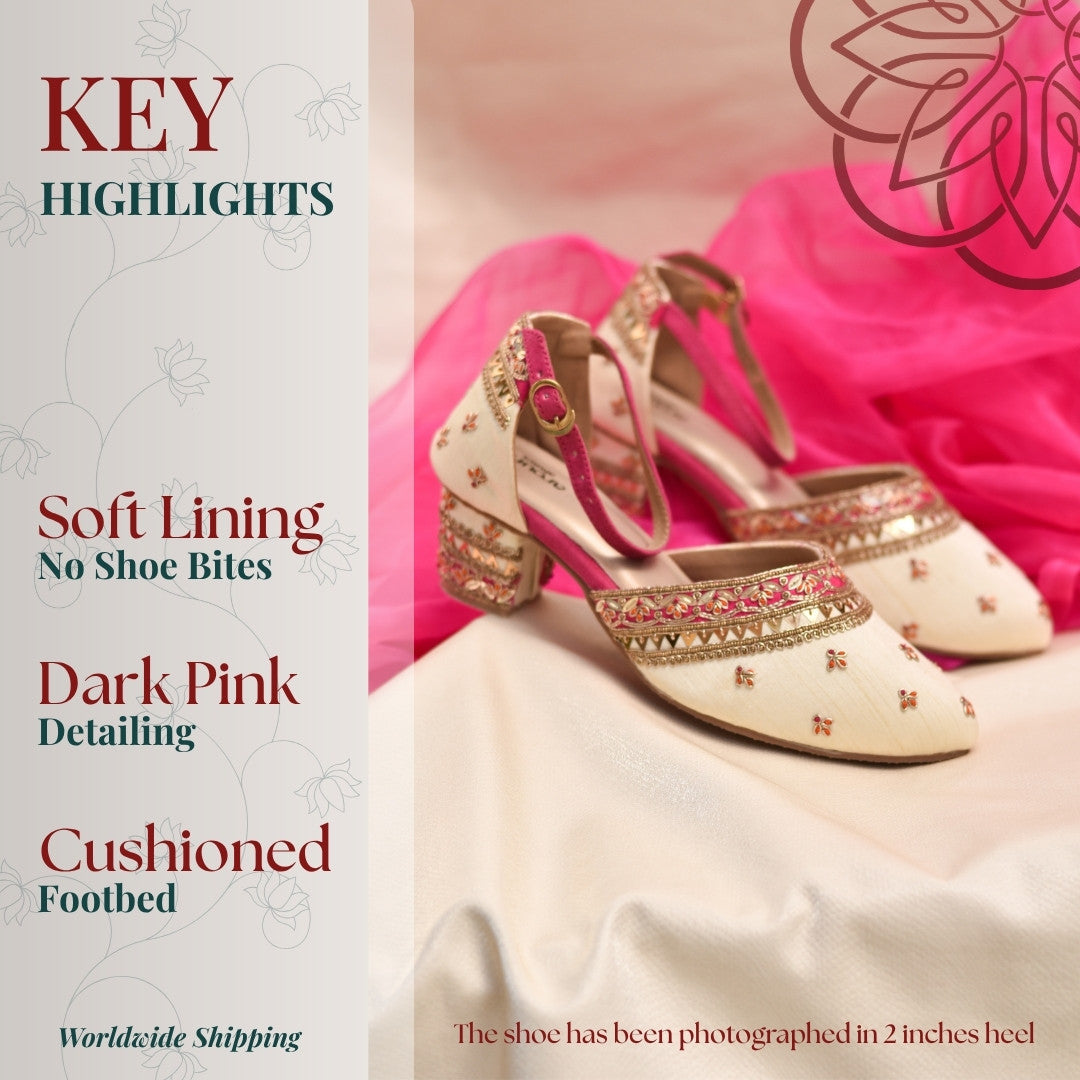 Designer golden wedding mules with dark pink highlights and sequins embellishments