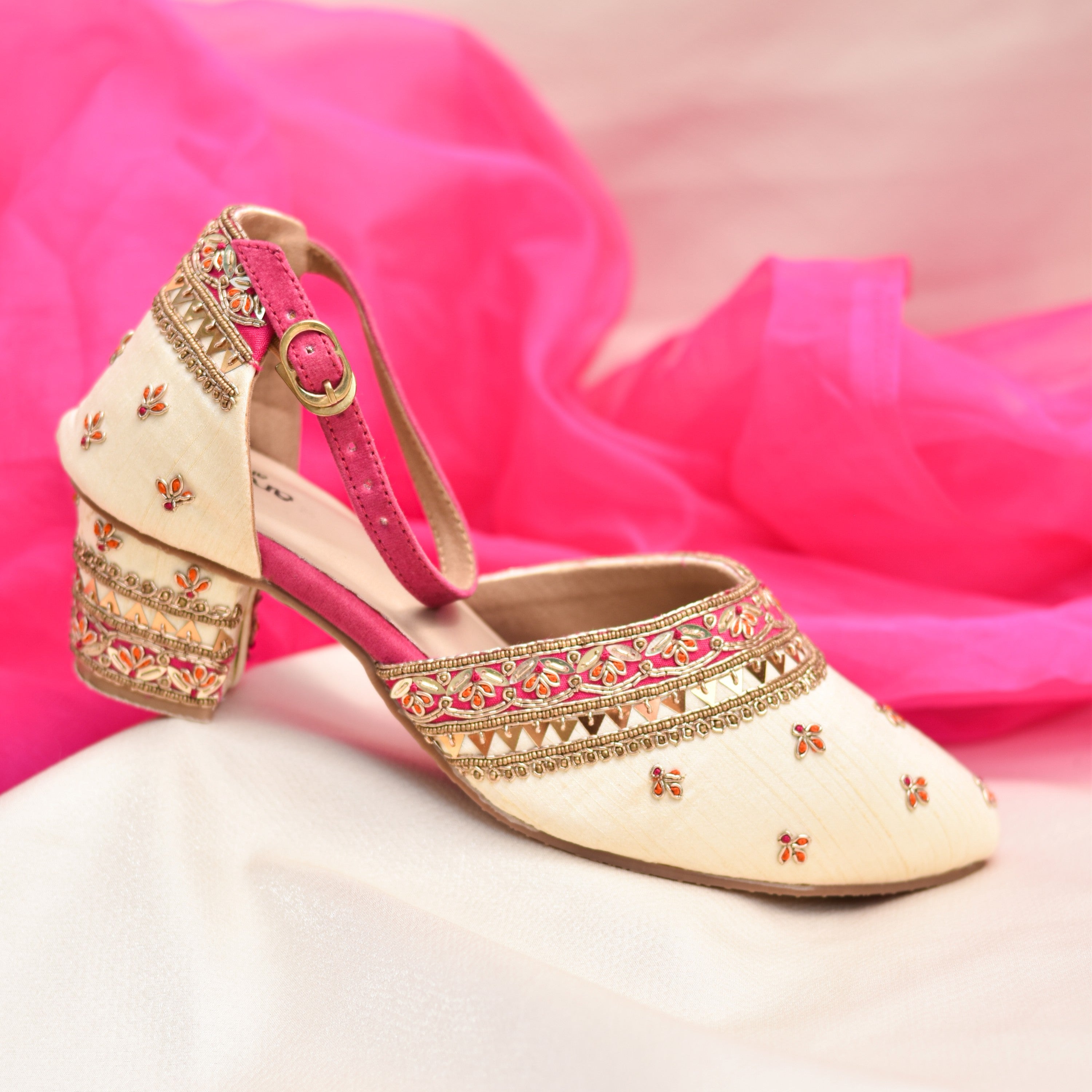 Golden wedding mules with 2 to 4inch heel options and colour customisation on request