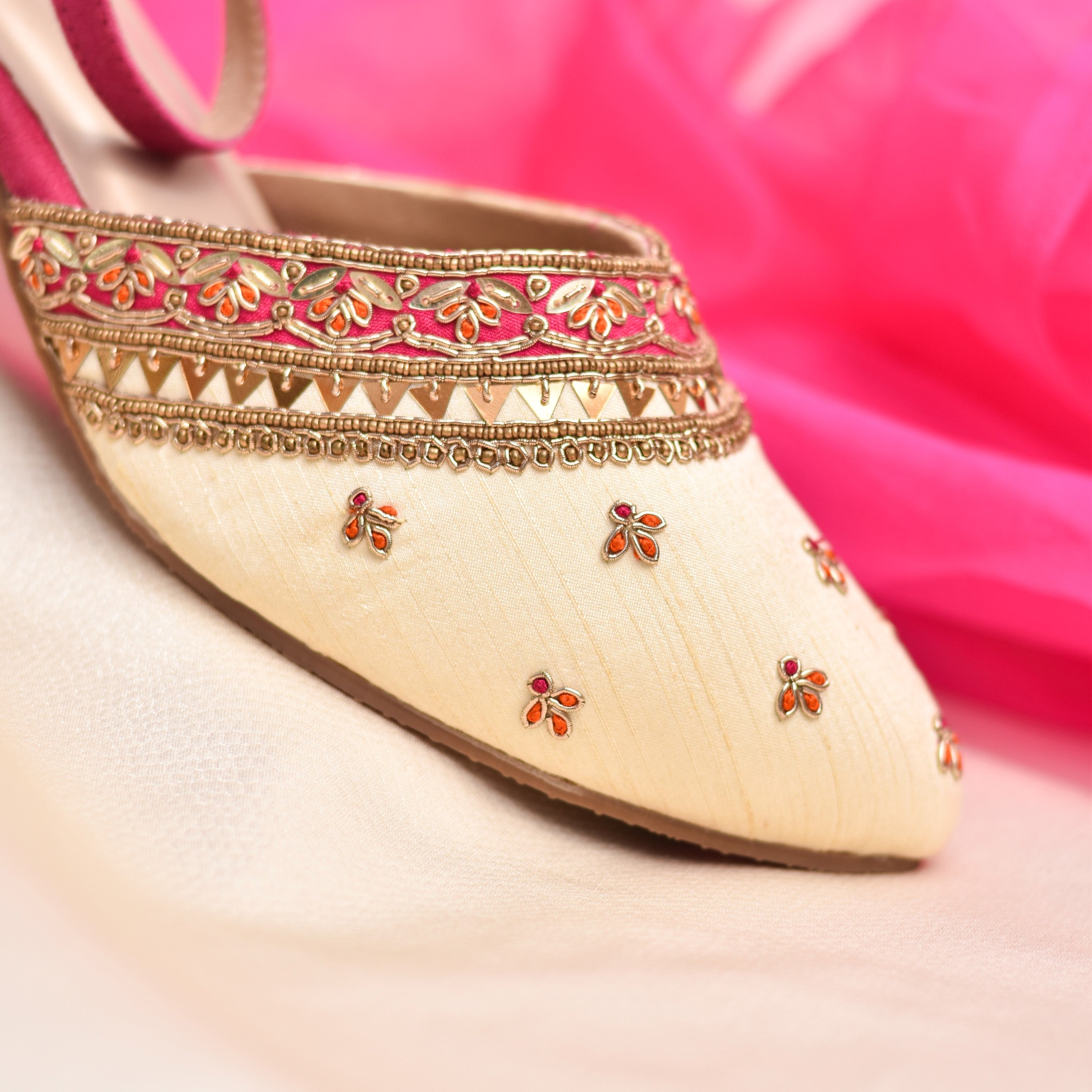 Pink orange and golden detailing mules for Indian wedding oufits