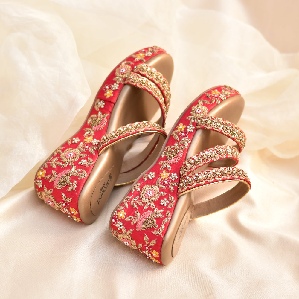Embroidered red bridal wedges in high heels, floral embroidery and thin strap design