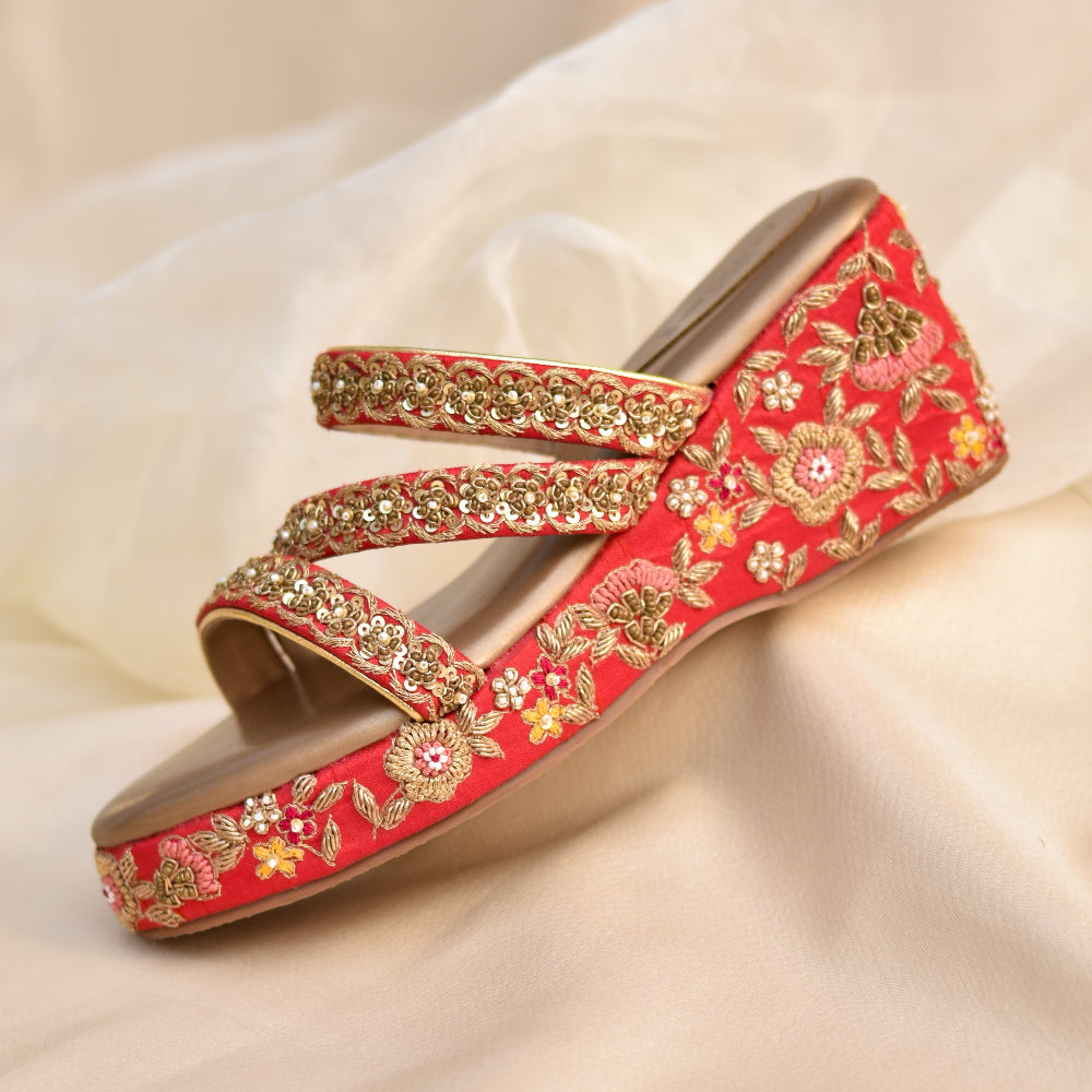 Wedding footwear with dabka hand embroidery and red and golden ethnic combination