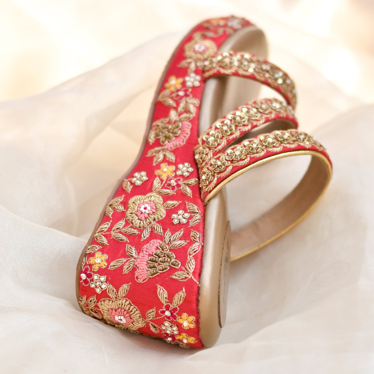 Red high heel wedges with 3 to 6 inches heel height options and sleek golden straps