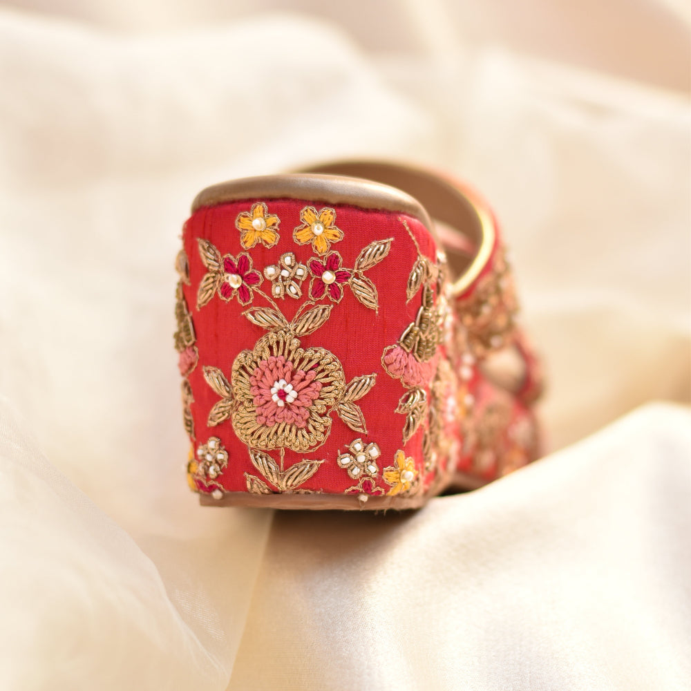 Threads and beads embellished floral wedge heels for brides 