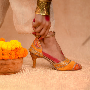 Yellow pointed heel with brocade pattern, zardozi embroidery and ankle strap