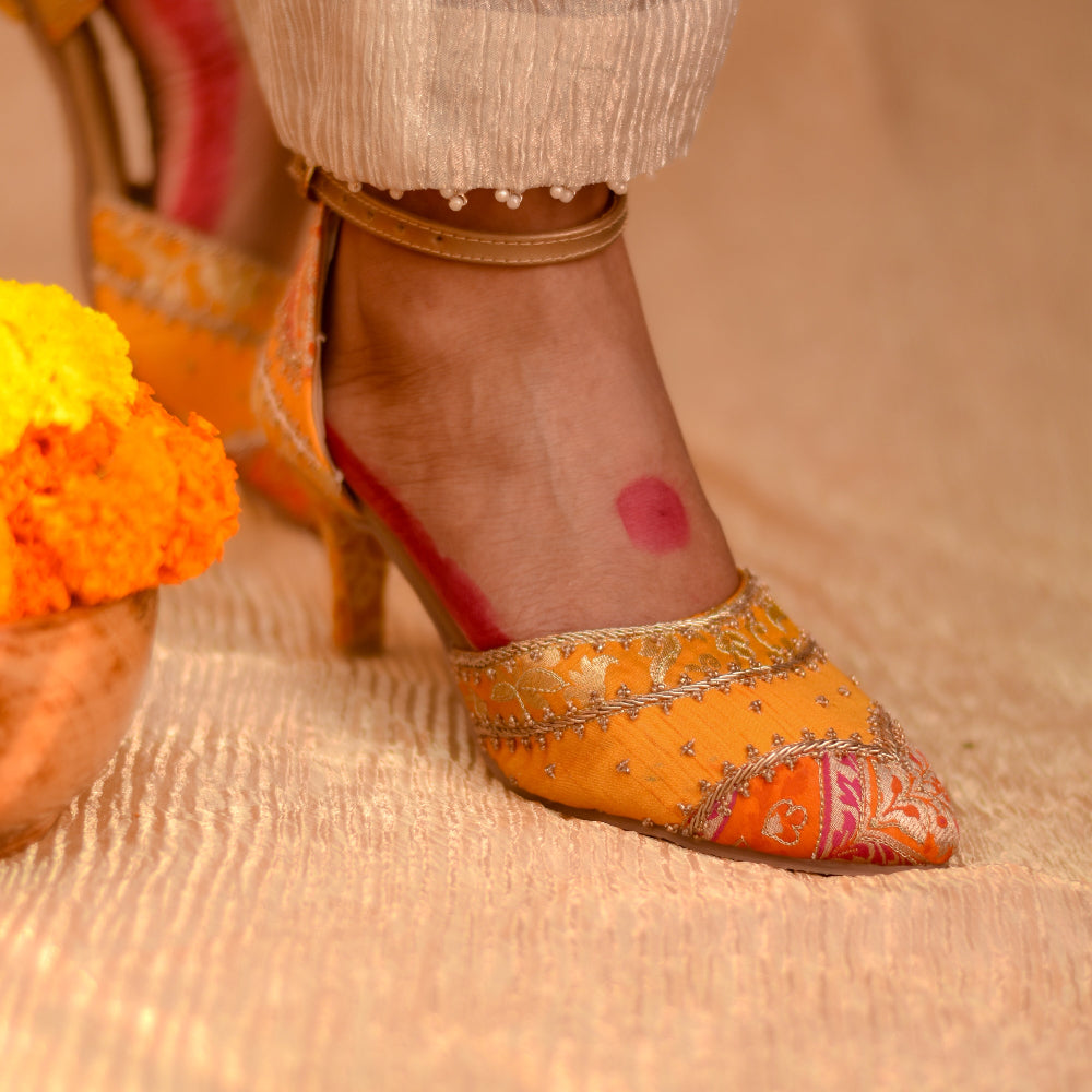 Festive yellow orange pencil heel sandal with metallic thread detailing