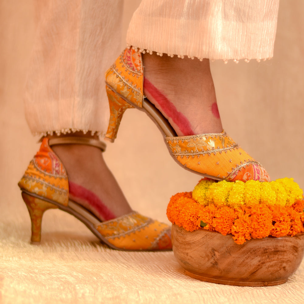Hand embroidered orange and yellow high-heeled shoes with cushioned insole
