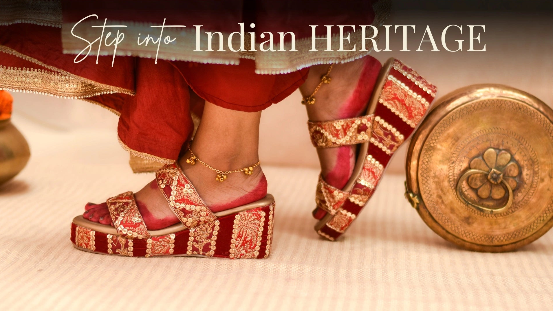 Traditional Indian Heels and Shoes with red and gold brocade and zardozi work for Weddings