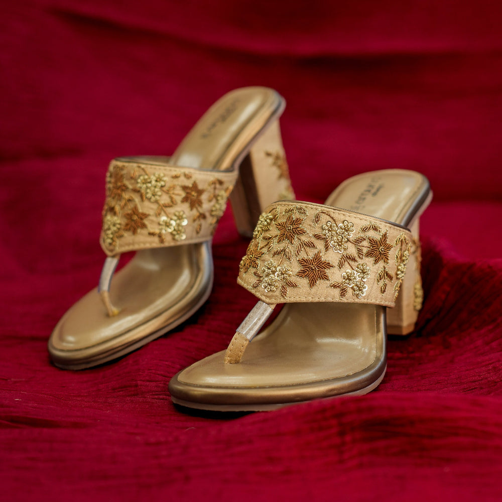 Gold wedding sandal with floral embellishments

