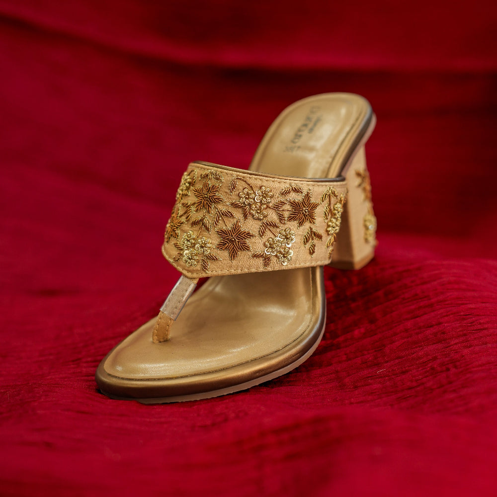 Gold embroidered festive sandal with floral detailing
