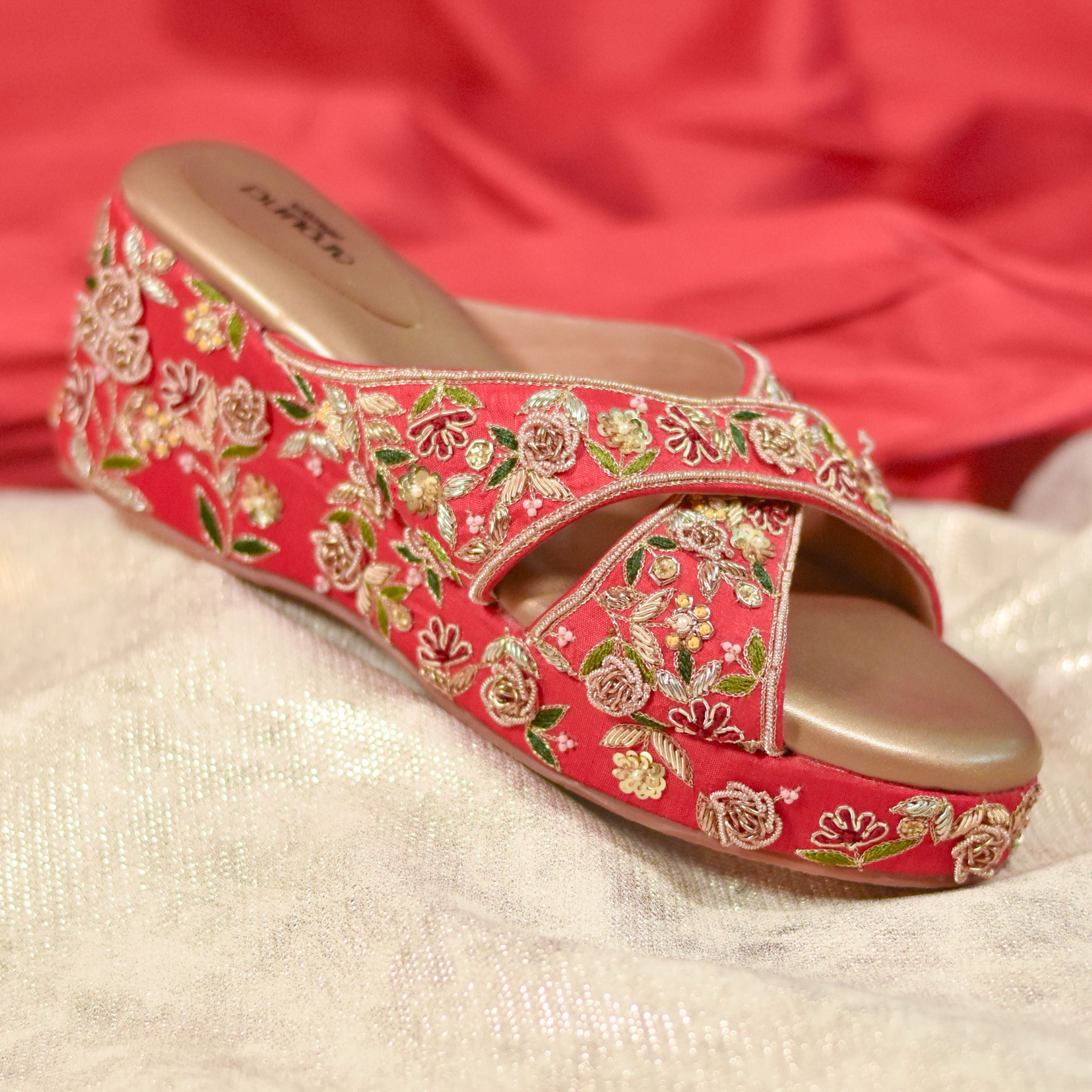 Red bridal wedge sandals with floral threadwork