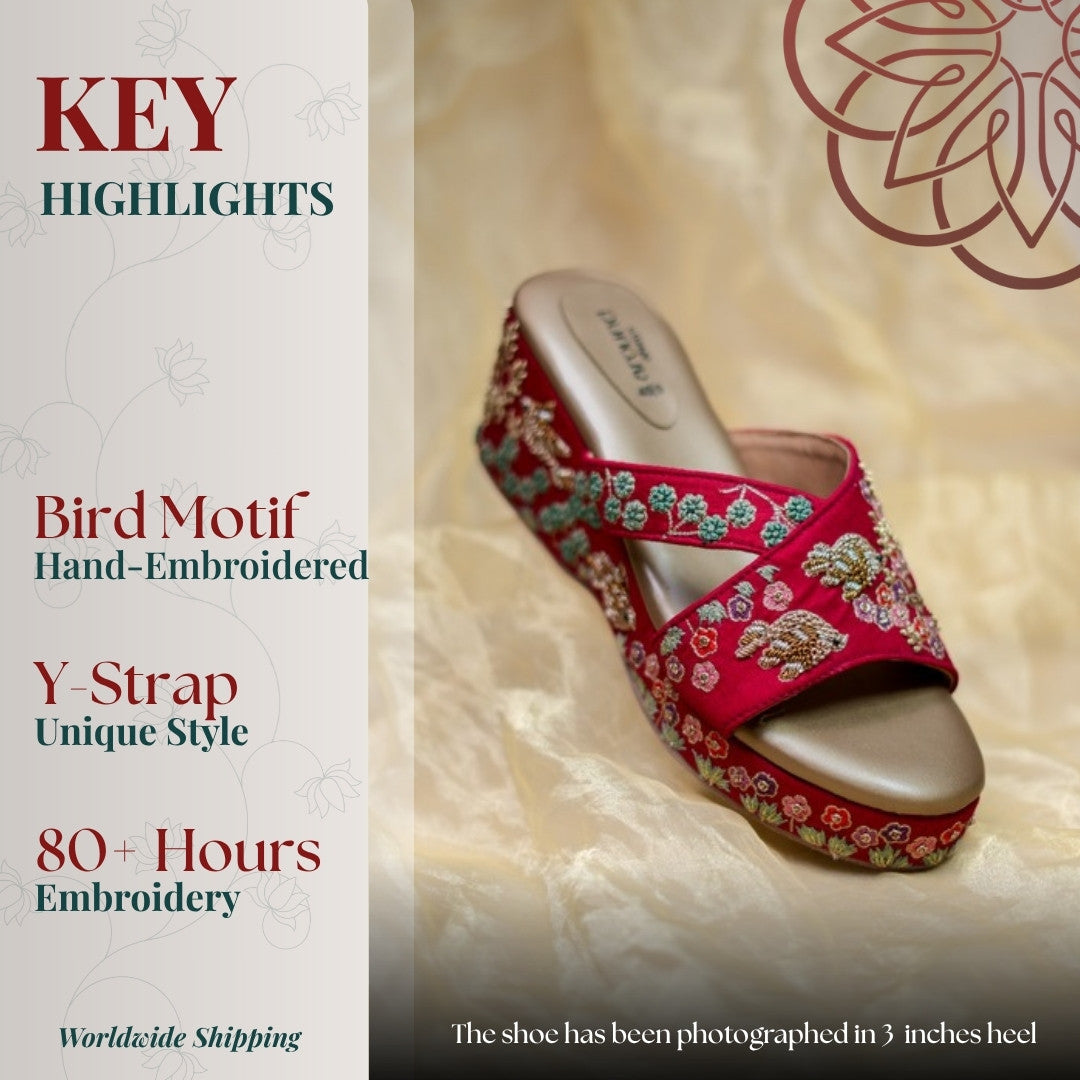 Kumud Wedges key highlights: hand-embroidered bird motif, Y-strap design and over 80 hours of embroidery, shown in a 3 inch heel