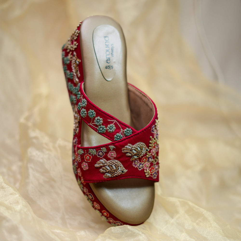 Occasion wedge sandals featuring floral artwork, bird motifs, and elevated heel