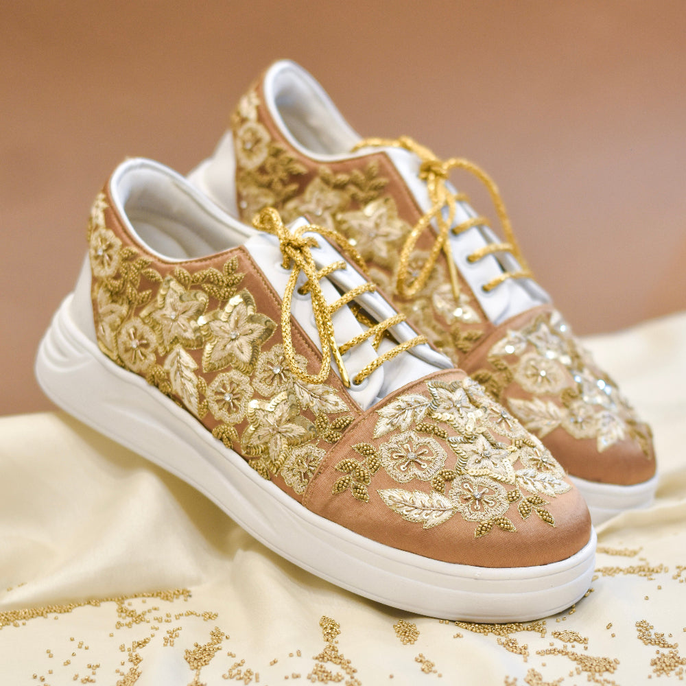 Festive lace up shoes with sequin floral design and white sole