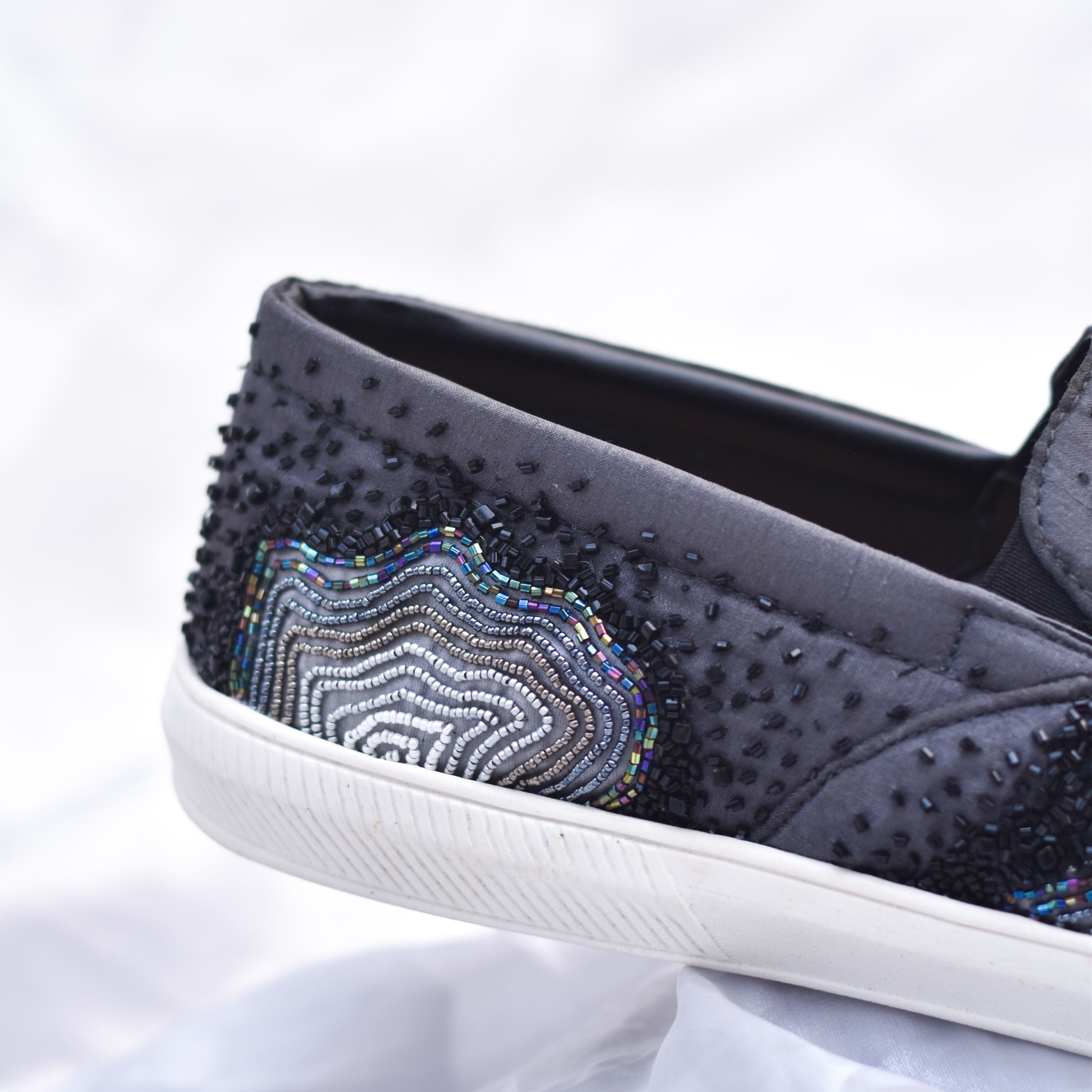 Beaded celebration sneakers with shimmer details, perfect for sangeet to afterparty.