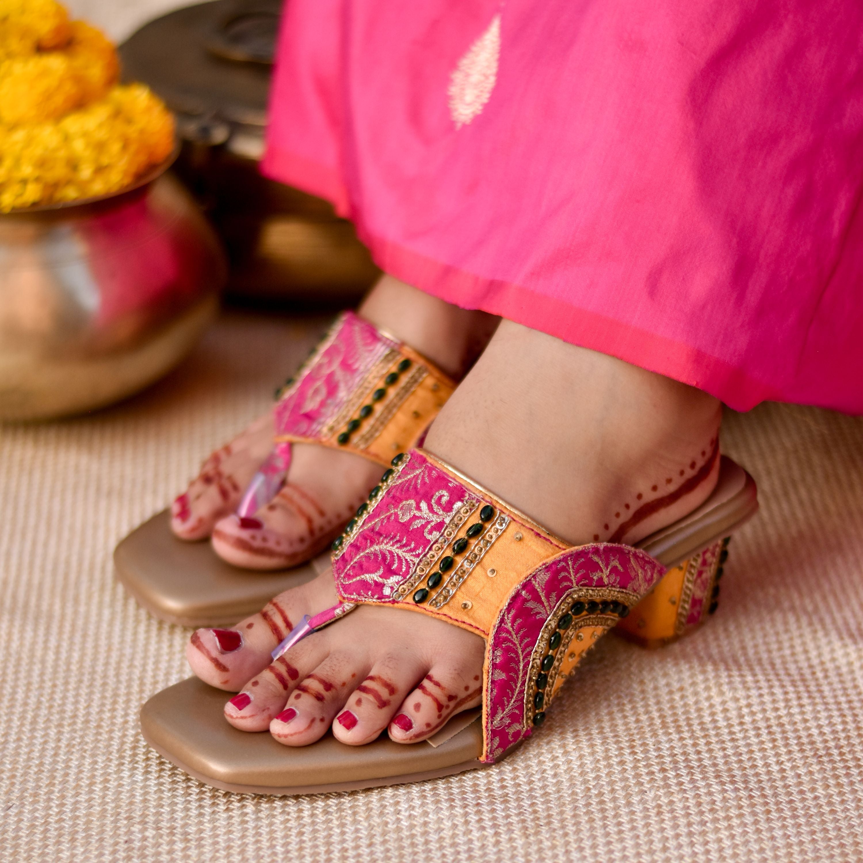 Mustard and fuchsia brocade block heel sandals with bead embroidery