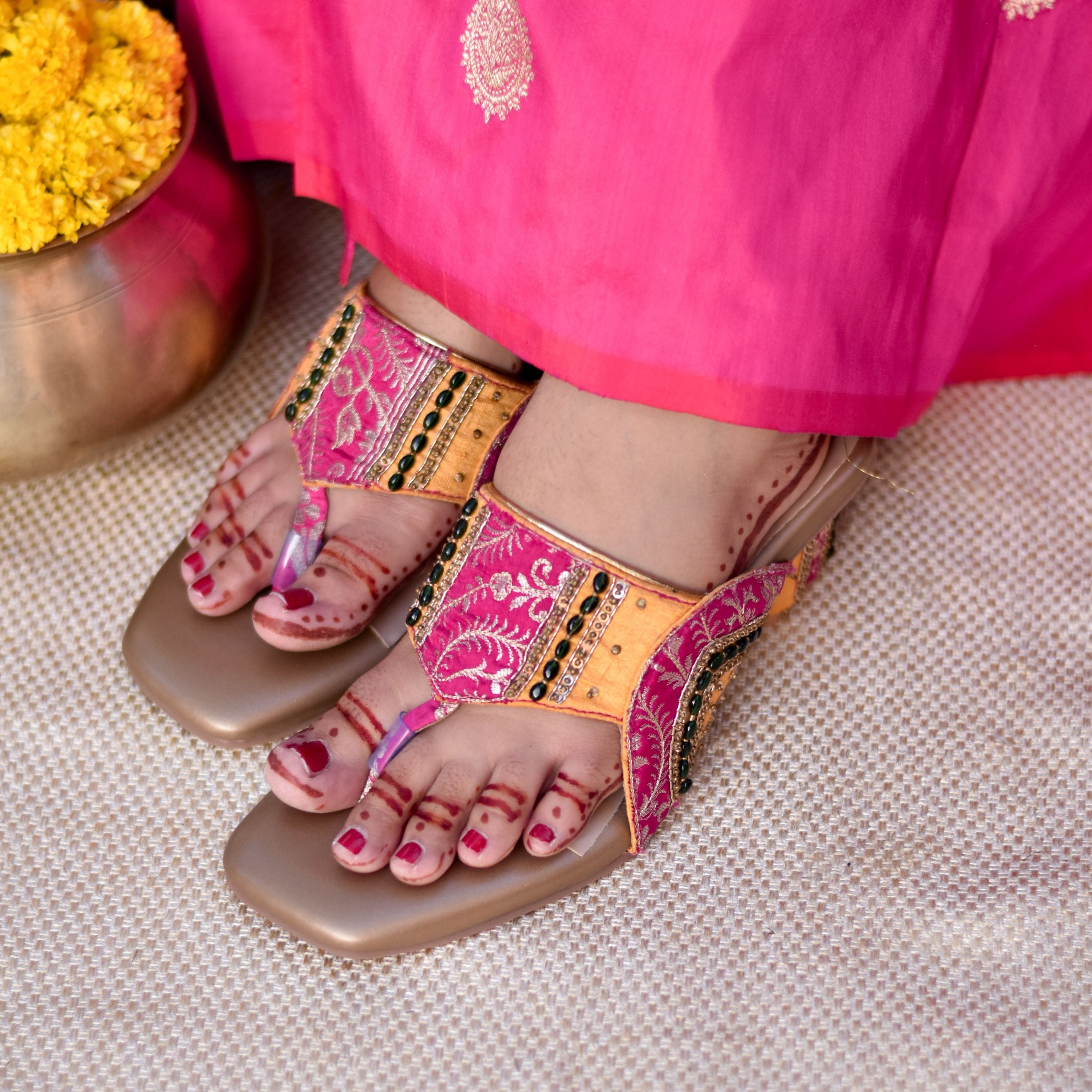 Comfortable party wear sandals with colourful brocade and block heel
