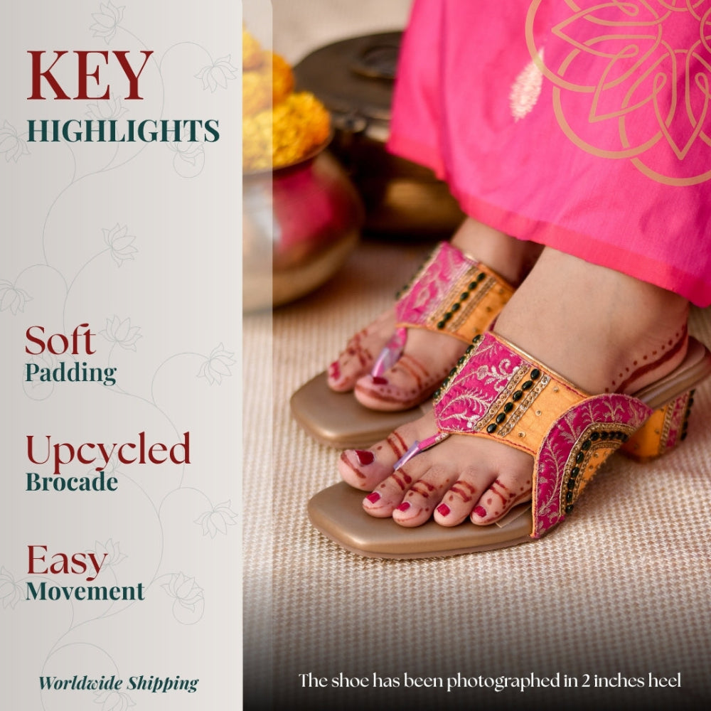 Fuchsia and mustard tones with detailed embroidery and soft sole.
