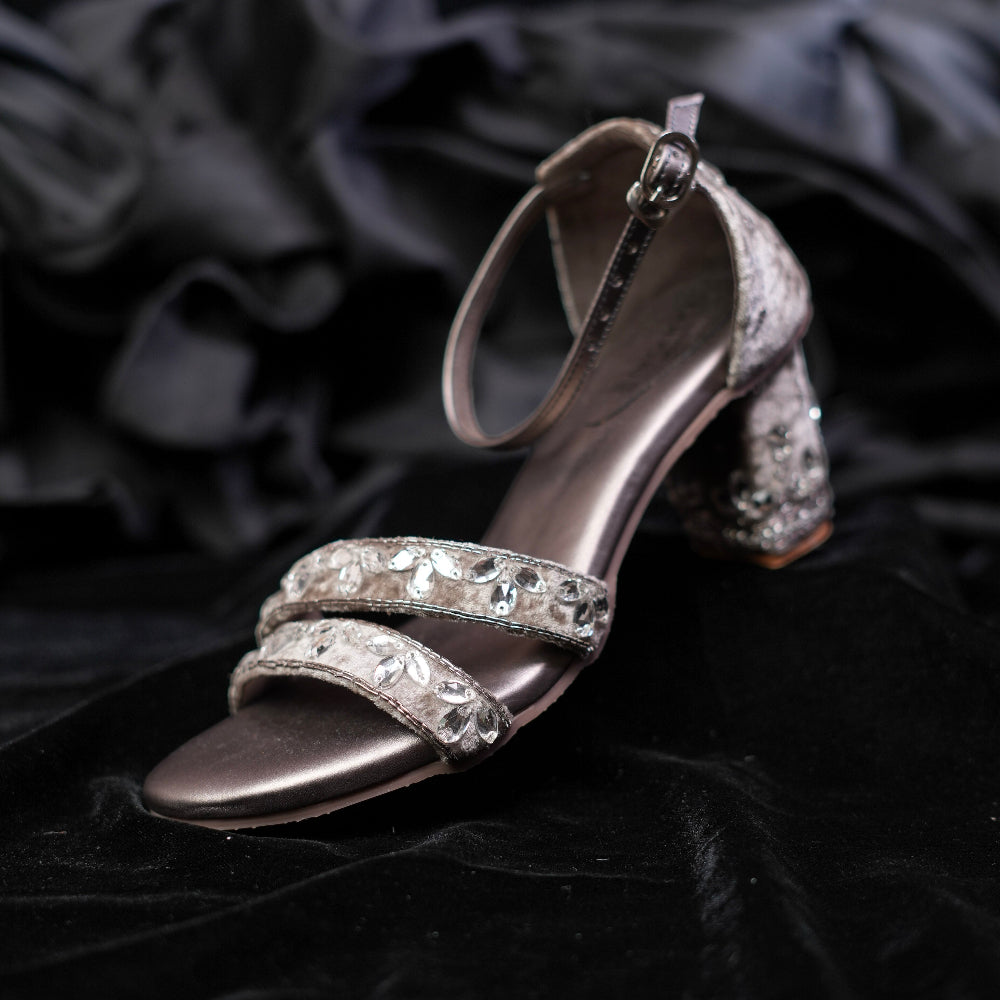 Metallic double-strap slingback block heels with crystal detailing
