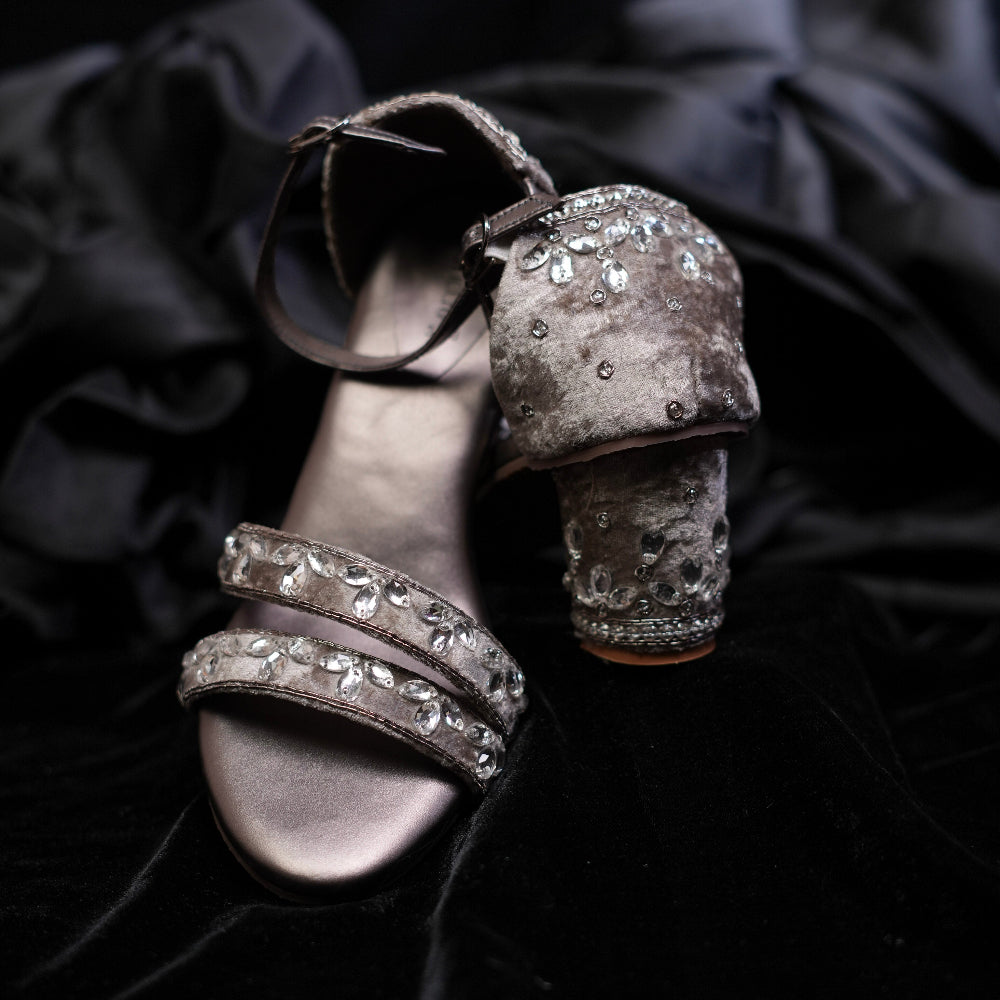 Open-toe heels with two embellished front straps and buckle slingback
