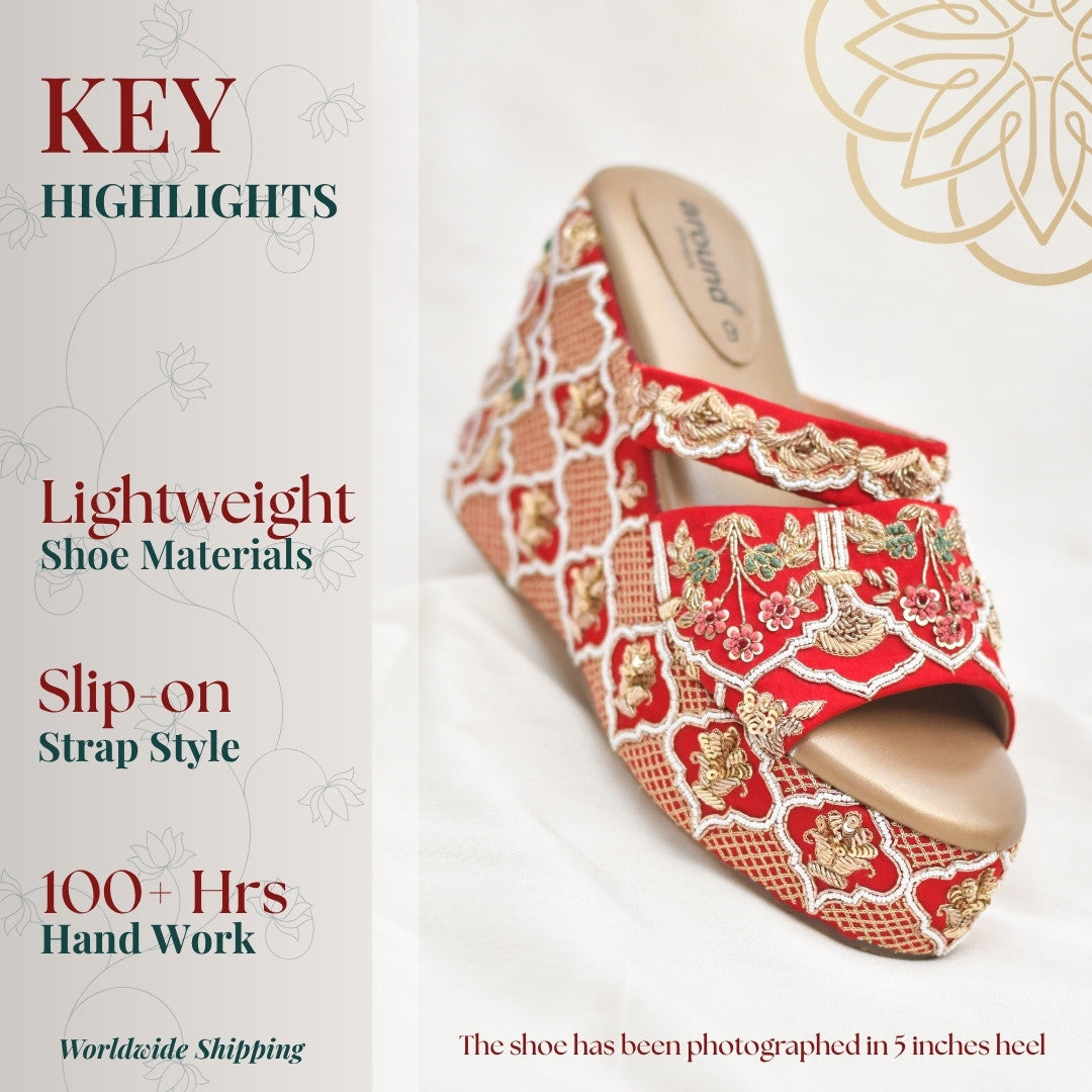 Royal Indian wedding heels with intricate zardozi embroidery for couture lehenga