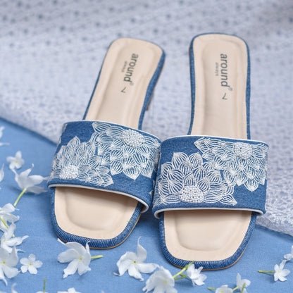 White and blue denim sliders with heels