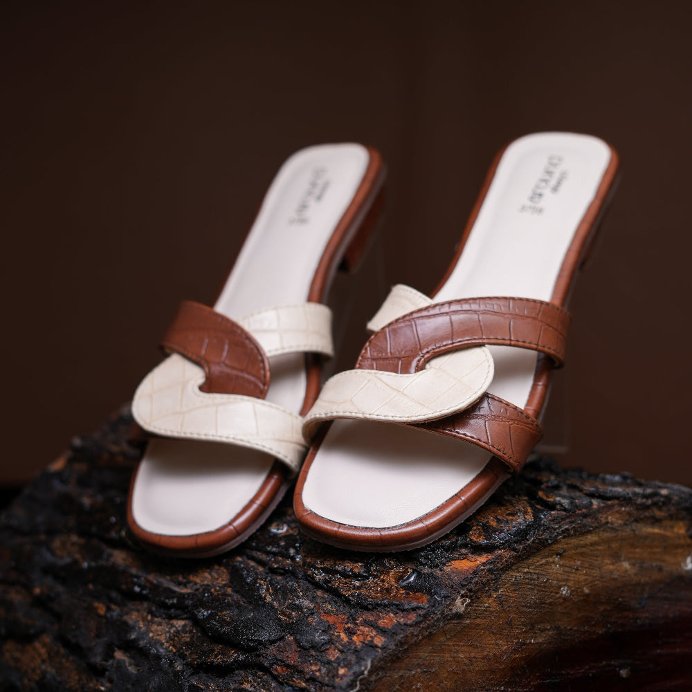 Colour block heeled slider featuring embossed crocodile pattern in brown and cream tones
