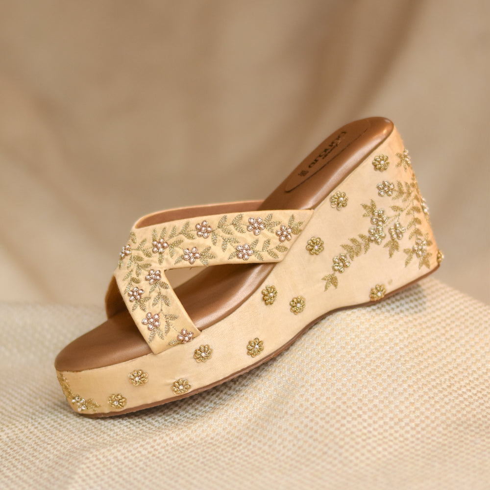 Festive Golden wedge sandals with floral motifs, pearl embellishments and lightweight wedge