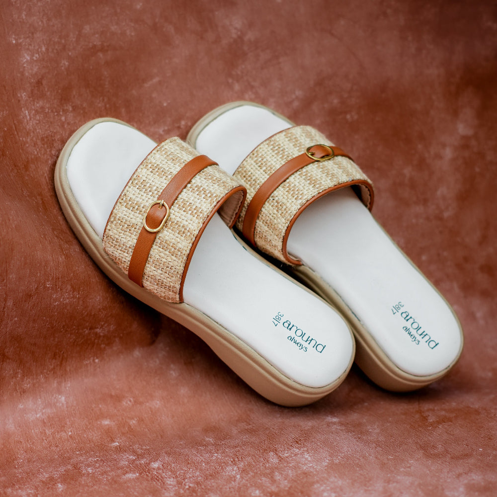 Womens beige colour sliders with tan brown accents and cushioned high platform heel soles